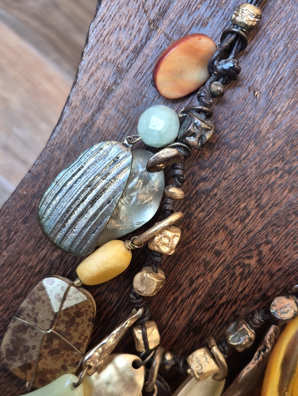 Vtg Chico's Eclectic Charm Bead Adjustable Length Leather Cord Necklace - Picture 3 of 12